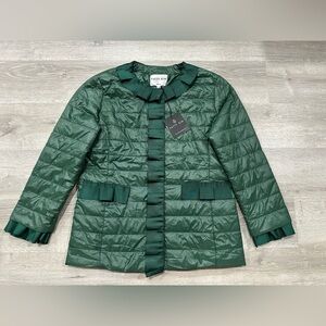 I290 NWT Patty Kim Women’s Gros Grain Ruffle Puffer Jacket Green Womens S FLAWS
